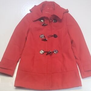 Calvin Klein Women's Small Coral-Red Toggle Wool Blend Pea Coat Duffy Coat